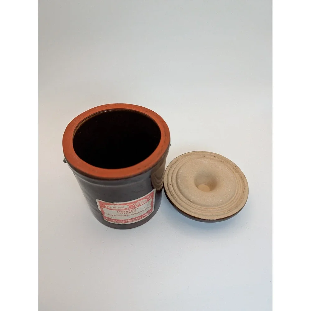 Vintage Mille Lacs Gourmet Foods Brown Stoneware Crock Jar Wire Bail 14oz
